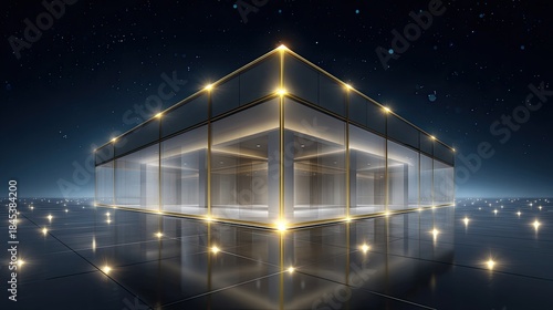 Fototapeta Naklejka Na Ścianę i Meble -  Modern futuristic architectural structure with glass facade and illuminated edges against a starry night sky and reflective floor in digital art style
