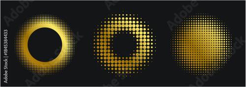 Gold Halton set design template on black background. Gold round frame. Glitter pattern circle logo. Dots emblem. Modern futuristic texture border