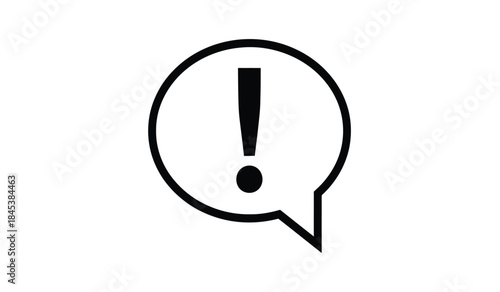 A simple black and white illustration depicts an exclamation point inside a speech bubble signaling warning attention or urgent notification high quality professional