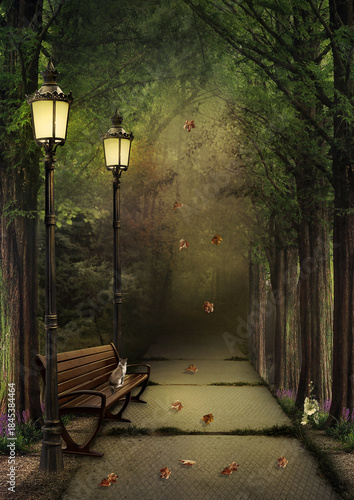 Alley in the autumn park. A bench with a sitting cat is illuminated by two lanterns on an alley in an autumn park. Digital art