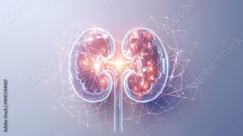 Visualization of glowing human kidneys with a complex network of luminous lines and structures. The construction of the anatomical organ of the human kidney.
