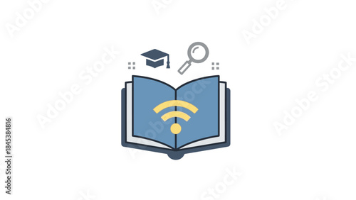 Open Book with Wi-Fi Symbol and Graduation Cap.