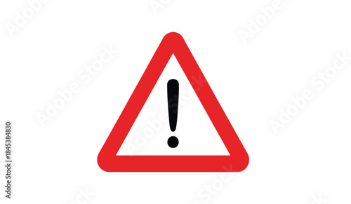 This image depicts a standard triangular warning sign with a bold black exclamation point centered within its bright red boundary signaling caution