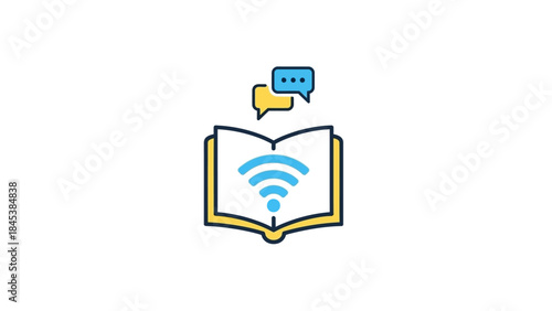 Open book with wifi symbol and speech bubbles above.