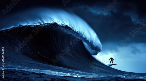 Dark, powerful ocean wave crashing down on a surfer.