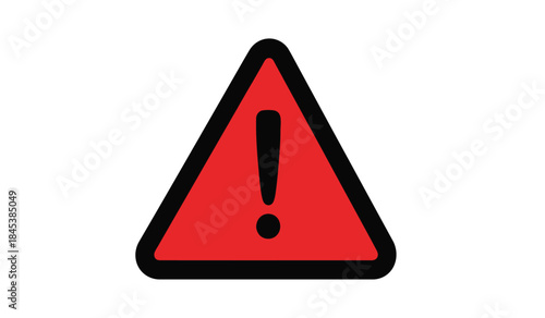 A vibrant red triangular warning sign with a bold black exclamation point centered inside indicating potential hazards or caution required high quality professional