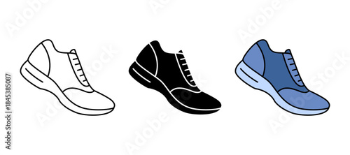 Shoe icon set showing athletic footwear in outline, black silhouette, and colored styles. Sport and casual wear symbol. Vector illustration