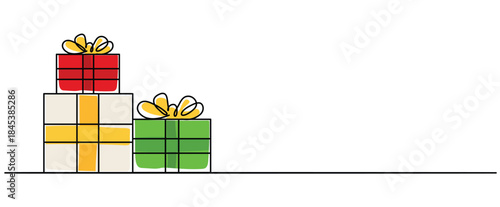stack of wrapped christmas birthday gift present boxes with ribbons and bows isolated Vector illustration clipart symbol sign, One continuous line art drawing for Poster, banner background copyspace 