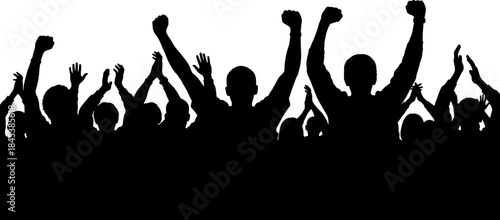 Silhouette of a cheering crowd with raised fists and hands celebrating success and victory baseball