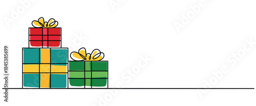 Stack of christmas wrapped gift boxes presents package isolated illustration clipart symbol sign, One continuous line drawing for Poster, banner, background, doodle single line art copyspace empty 