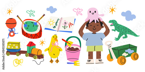 Cute kids toy set in retro doodle style. Cartoon little boy character, soft toys, educational toys, dinosaur, musical instrument. Childhood themes vector elements