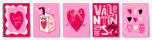 Creative set of Valentines Day greeting card designs in minimalist hand-drawn style with hearts and romantic illustrations.