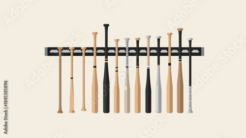 Collection of Wooden Baseball Bats Mounted on Wall Rack Sports Equipment Display baseball
