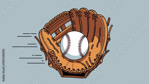 Vintage Baseball Glove Catching Fast Ball with Motion Blur Sports Action Illustration baseball