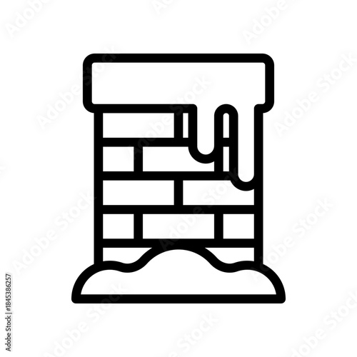 Stylized Brick Chimney With Smoke Over Snowy Ground. Line Art Icon for Fireplace or Home Decor
