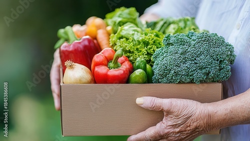 Senior hands holding cardboard box filled with fresh organic vegetables for good healthy eating and nutrition