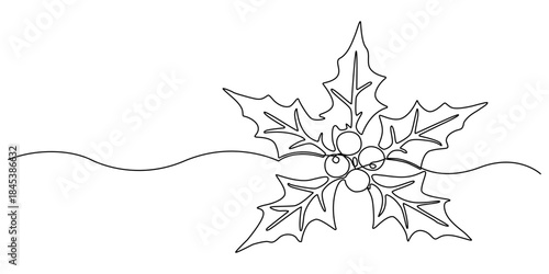 One continuous line drawing of Christmas holly. Festive greeting card and banner with mistletoe design in simple linear style. Editable stroke. Doodle outline vector illustration