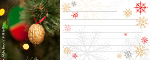  A form for invitations or messages during the winter holidays with an image of a fragment of a Christmas tree, lines and delicate snowflakes. Christmas and New Year. For printing.