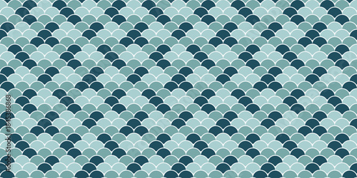 Seamless teal and blue scales pattern. Elegant, repeating geometric design ideal for textile prints, website backgrounds, or decorative projects.  Evokes a sense of calm, water, and natural beauty.
