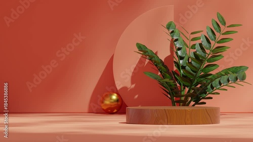 empty space brown wood podium of with seamless shadow animation looping dark orange wall and green zamia plant, 3d video render