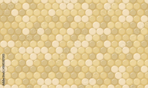 Abstract seamless pattern of creamy beige and offwhite circles arranged in a diagonal honeycomblike structure.
