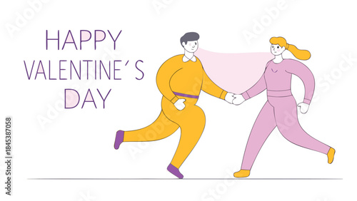 Couple jogging together on white background, holding hands, celebrating love and valentine's day with colorful illustration