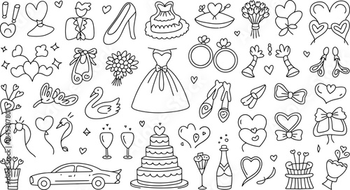 Charming hand-drawn wedding and romance doodle collection, featuring essential symbols of love, celebration, and happily ever after moments