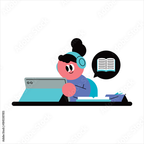 Student Engaged in Online Learning with Headphones and Tablet.