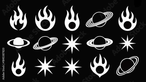 White Space Icons on Black Background: Flames, Planets, and Stars
