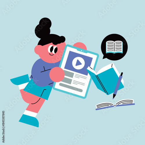 Student Engaged in Digital and Traditional Learning. Children's online classes.