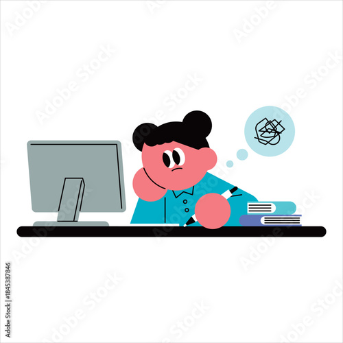 Cartoon Character Pondering a Problem While Working at a Computer Desk. Children's online classes.
