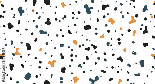 A modern seamless terrazzo pattern with abstract spots and speckles in a stylish palette of black, blue, and orange.