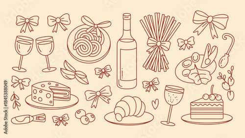 Hand-drawn illustration of wine and dine elements with bows on cream background