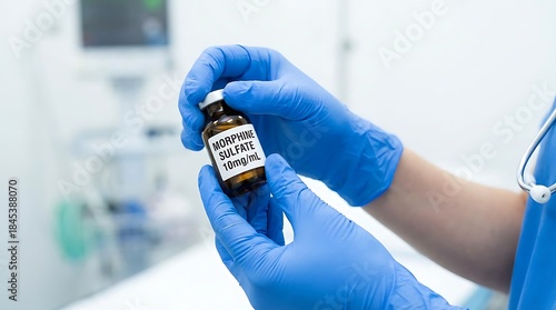 A doctor meticulously holds a vial of Morphine Sulfate. The close-up shot captures the vial, emphasizing the importance of pain relief in medical setting.