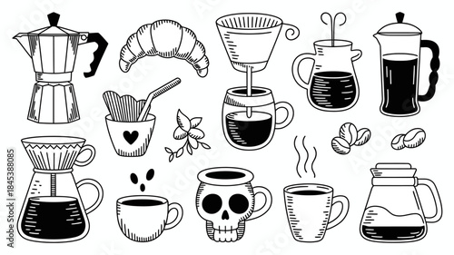 Coffee and Croissant Illustrations, Various Brewing Methods and Cups