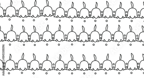 A simple and clean seamless border pattern of repeating, stylized bellflowers in a black and white outline doodle style.