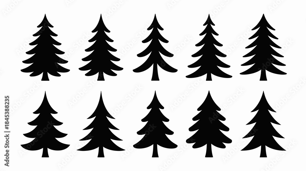 Obraz premium Black Silhouettes of Pine Trees on White Background