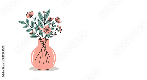 A charming and minimalist illustration of a bouquet of pink flowers and green leaves in a simple, elegant pink vase.