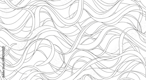 A complex and dynamic seamless pattern of chaotic, overlapping, and flowing black and white lines creating an abstract texture.