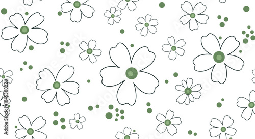 A fresh and simple seamless pattern of scattered hand-drawn outline flowers with green centers and matching floating green dots.