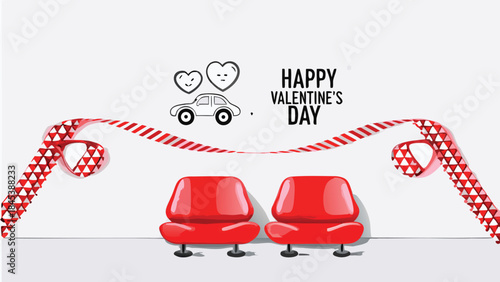 Happy valentine's day couple sitting in car front seats with love hearts