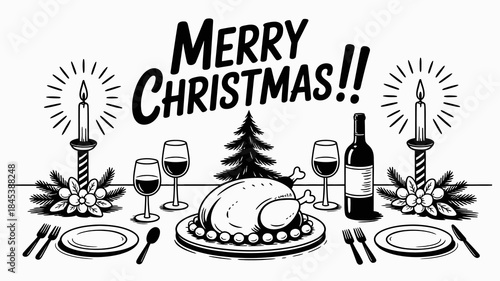 Christmas dinner table setting with turkey, wine, and candles, Merry Christmas greeting card illustration.