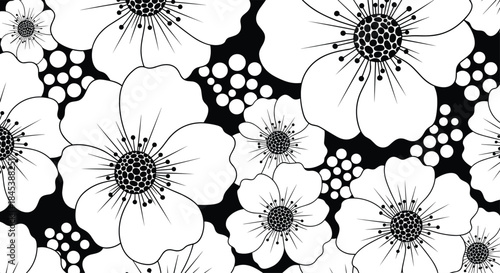 A bold and graphic seamless floral pattern with large white poppy flowers and dots on a contrasting solid black background.