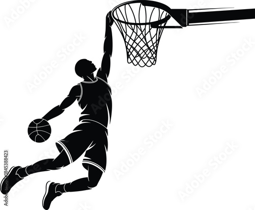 Basketball Slam Dunk Silhouette Vector Illustration. Airborne Player Dunking Ball Black and White Clipart.