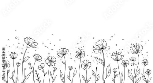 Beautiful hand-drawn floral border shows various wildflowers in a black and white line art style with ample copy space above.
