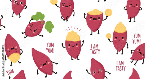 Fun and adorable seamless pattern features cute kawaii sweet potato characters with expressive happy faces and playful phrases.