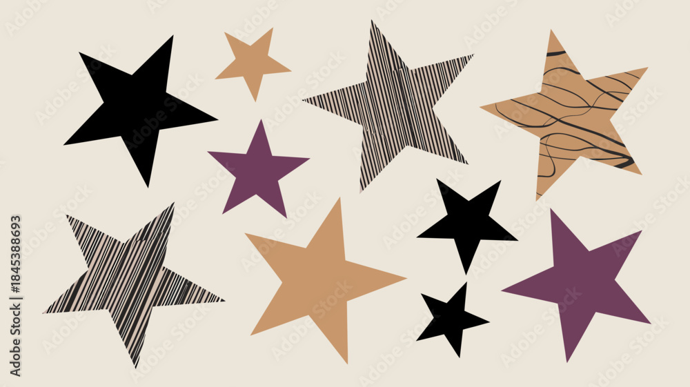 Obraz premium Colorful star shapes in various patterns and textures on beige background