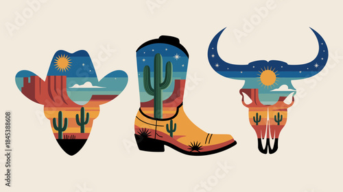 Western Desert Landscape Icons: Cowboy Hat, Boot, and Bull Skull