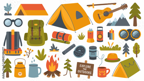 Camping and outdoor adventure icons and equipment for travel and exploration