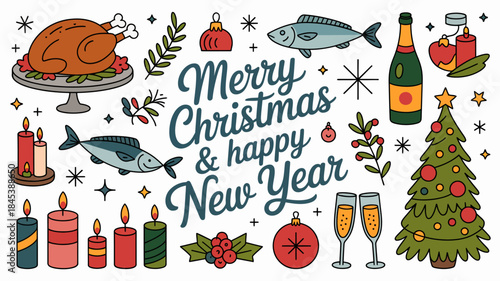 Merry Christmas and Happy New Year festive holiday illustration with food, drinks, and decorations.